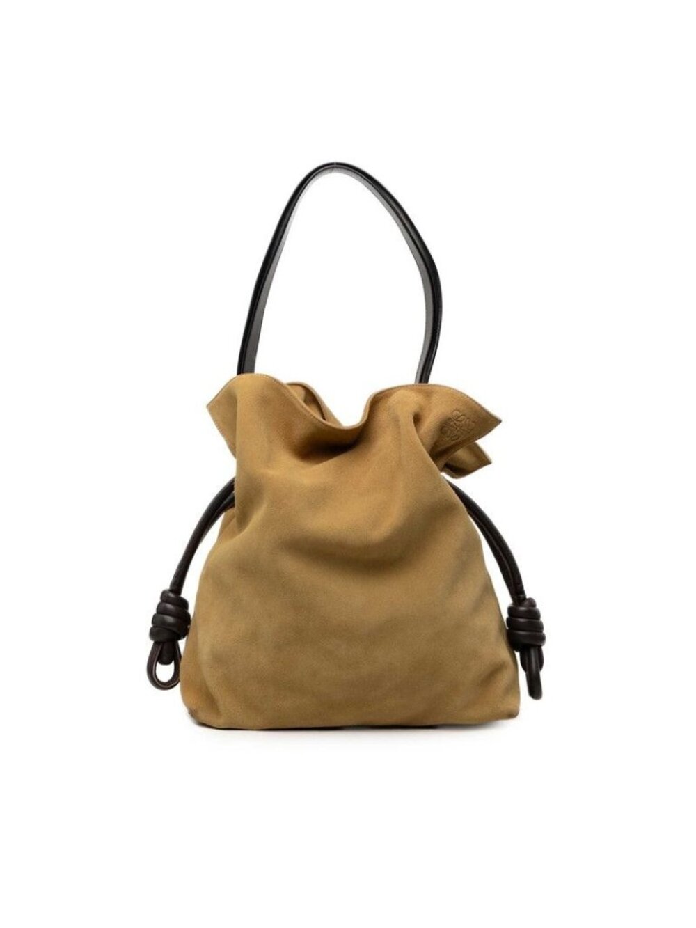 Loewe Anagram Flamenco Tote Shoulder Bag Drawstring Beige Brown Suede